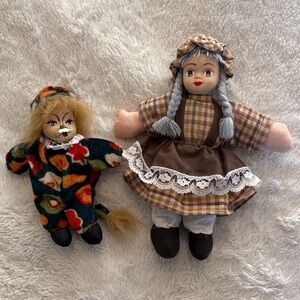 Vintage Style Doll Pair with Plaid Dress and Clown Outfit